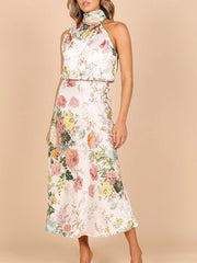 Sleeveless Halter Neck Printed Satin Maxi Dress in 6 Patterns S-XL