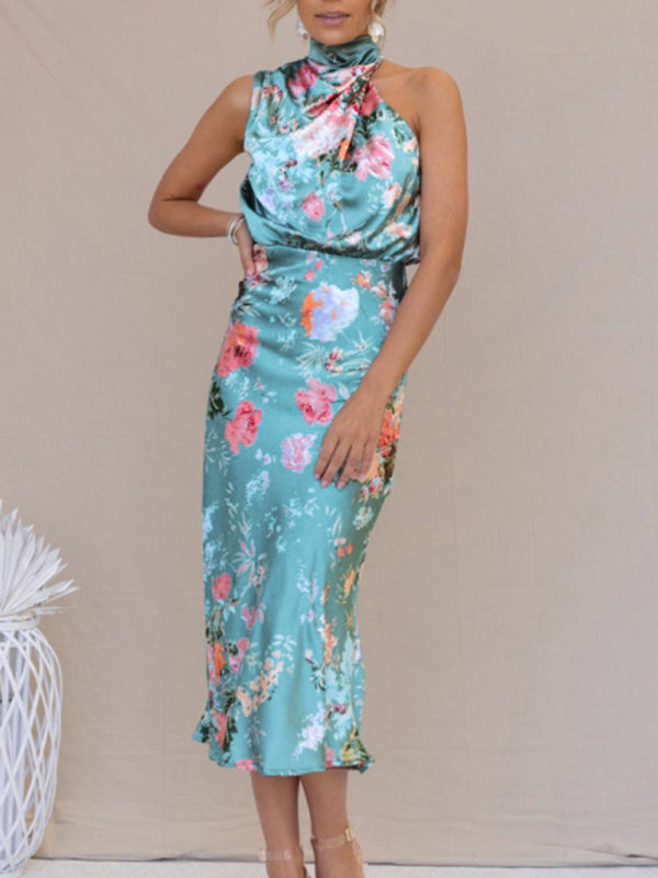 Sleeveless Halter Neck Printed Satin Maxi Dress in 6 Patterns S-XL