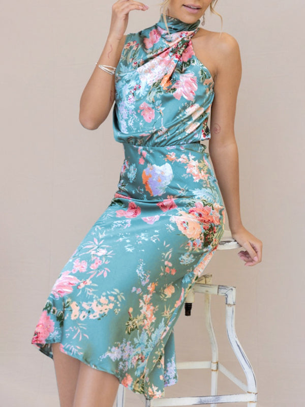 Sleeveless Halter Neck Printed Satin Maxi Dress in 6 Patterns S-XL