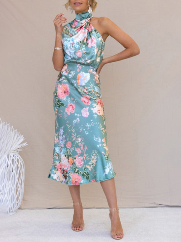 Sleeveless Halter Neck Printed Satin Maxi Dress in 6 Patterns S-XL