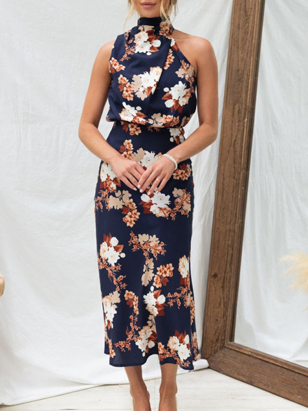 Sleeveless Halter Neck Printed Satin Maxi Dress in 6 Patterns S-XL