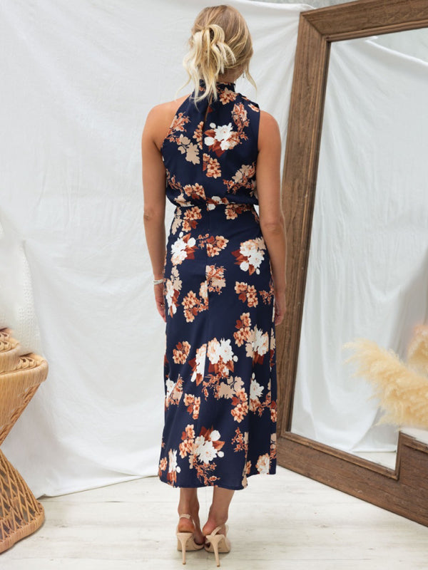 Sleeveless Halter Neck Printed Satin Maxi Dress in 6 Patterns S-XL