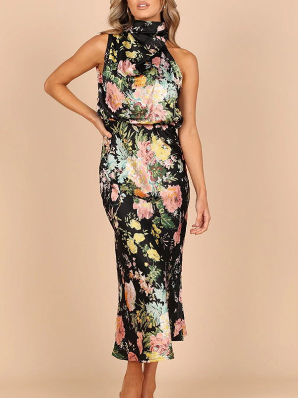 Sleeveless Halter Neck Printed Satin Maxi Dress in 6 Patterns S-XL