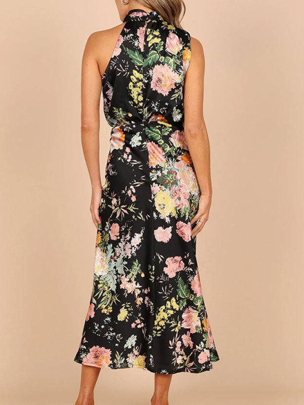 Sleeveless Halter Neck Printed Satin Maxi Dress in 6 Patterns S-XL