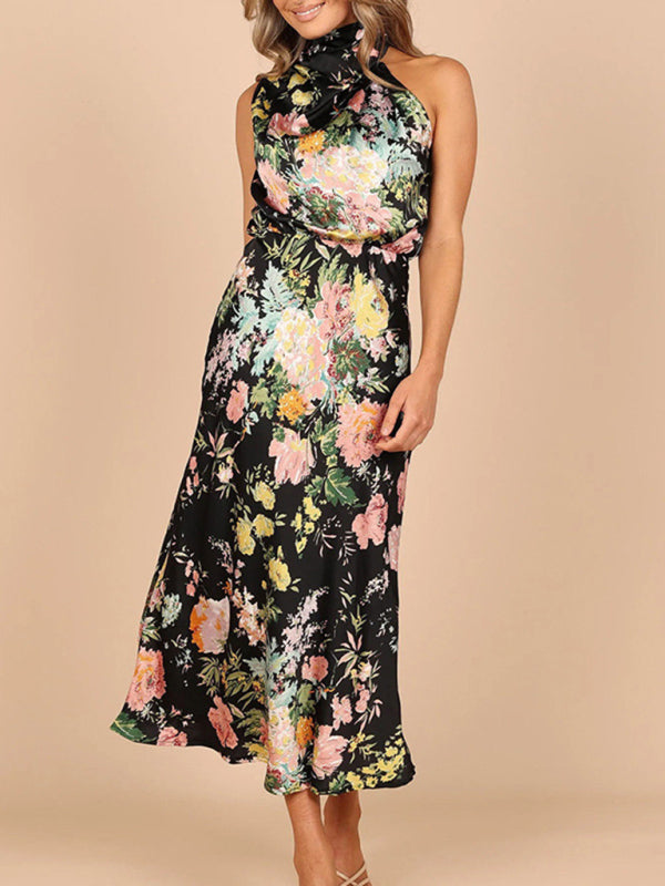 Sleeveless Halter Neck Printed Satin Maxi Dress in 6 Patterns S-XL