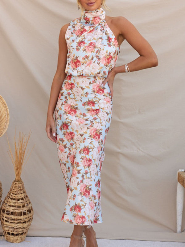 Sleeveless Halter Neck Printed Satin Maxi Dress in 6 Patterns S-XL