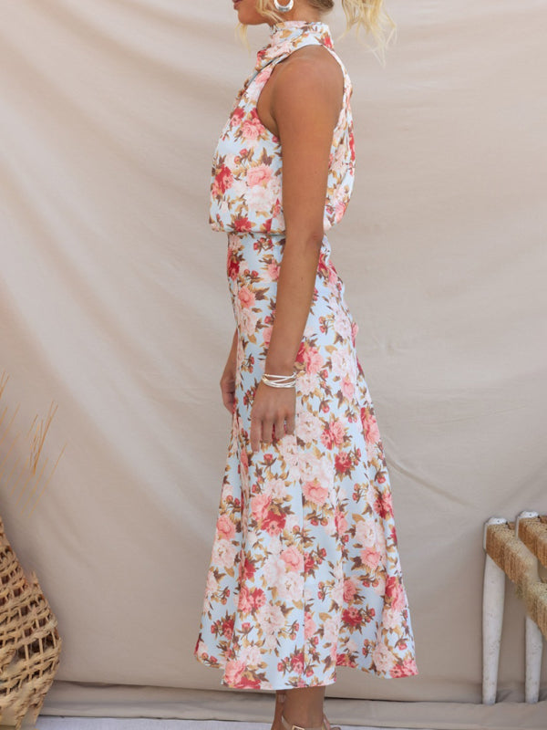 Sleeveless Halter Neck Printed Satin Maxi Dress in 6 Patterns S-XL