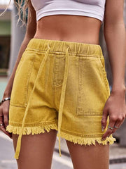 Frayed Hem Shorts with Elastic Waist and Pockets
