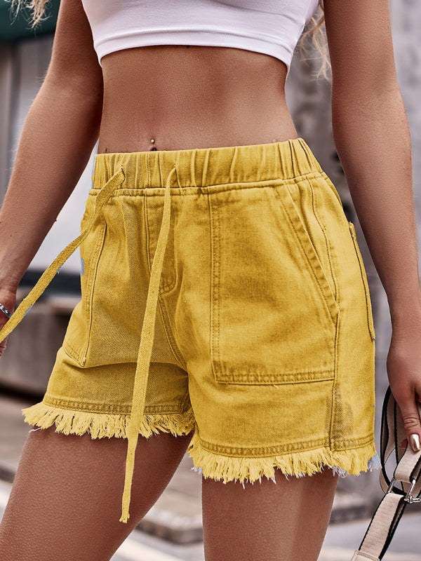 Frayed Hem Shorts with Elastic Waist and Pockets