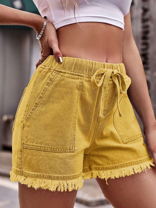 Frayed Hem Shorts with Elastic Waist and Pockets