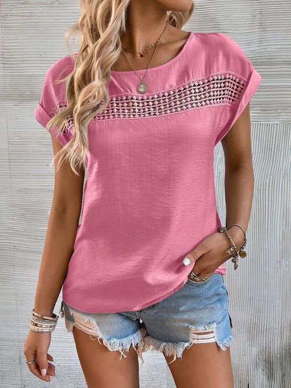 Solid Short Sleeve Top with Lace Detail in 6 Colors Sizes 4-20