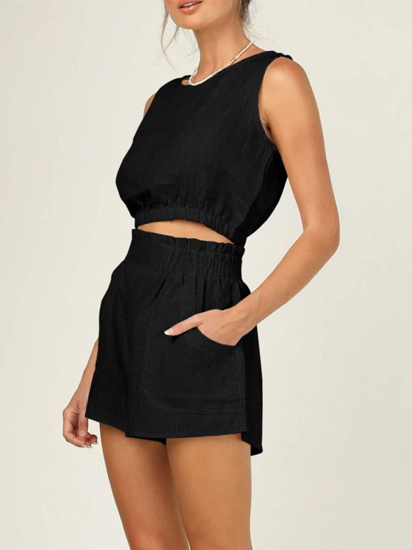 Sleeveless Cropped Top with High Waist Pocket Shorts Set