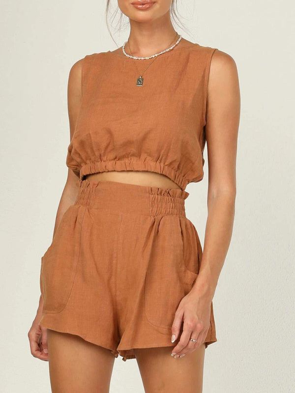 Sleeveless Cropped Top with High Waist Pocket Shorts Set