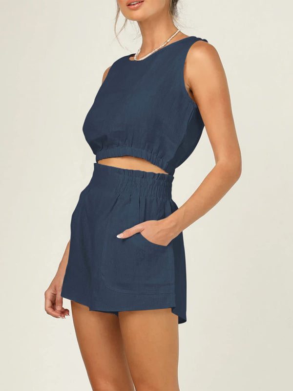 Sleeveless Cropped Top with High Waist Pocket Shorts Set