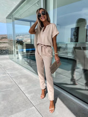 Short Sleeve Cropped Jumpsuit with Waist Tie and Pockets in 4 Colors