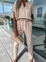 Short Sleeve Cropped Jumpsuit with Waist Tie and Pockets in 4 Colors