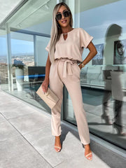 Short Sleeve Cropped Jumpsuit with Waist Tie and Pockets in 4 Colors