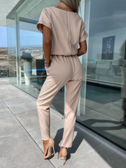 Short Sleeve Cropped Jumpsuit with Waist Tie and Pockets in 4 Colors