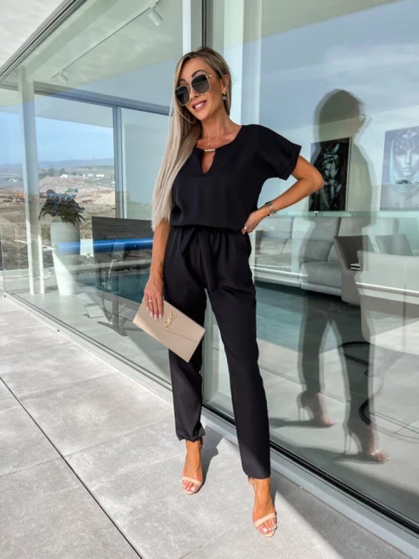 Short Sleeve Cropped Jumpsuit with Waist Tie and Pockets in 4 Colors