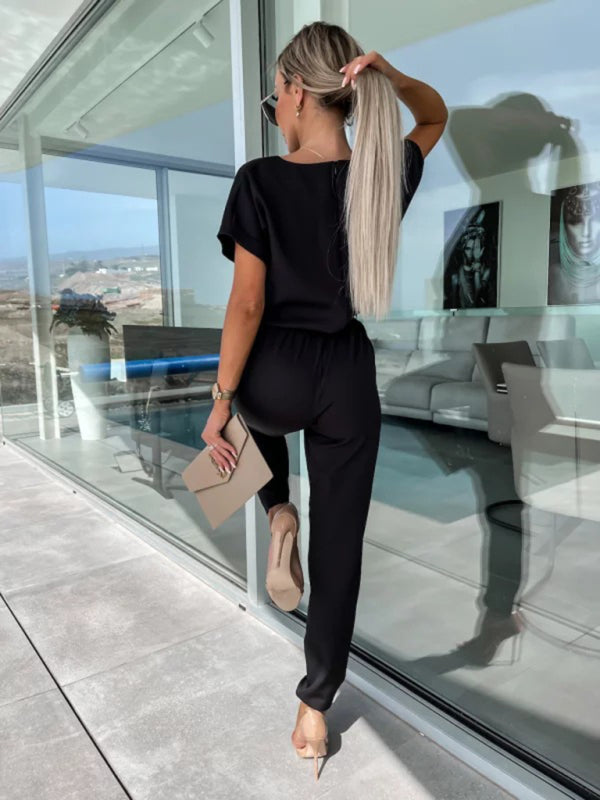 Short Sleeve Cropped Jumpsuit with Waist Tie and Pockets in 4 Colors