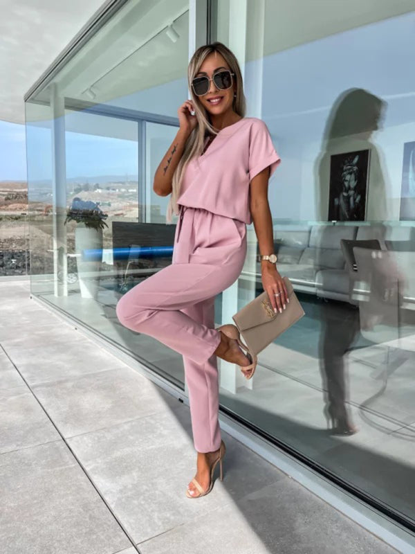 Short Sleeve Cropped Jumpsuit with Waist Tie and Pockets in 4 Colors
