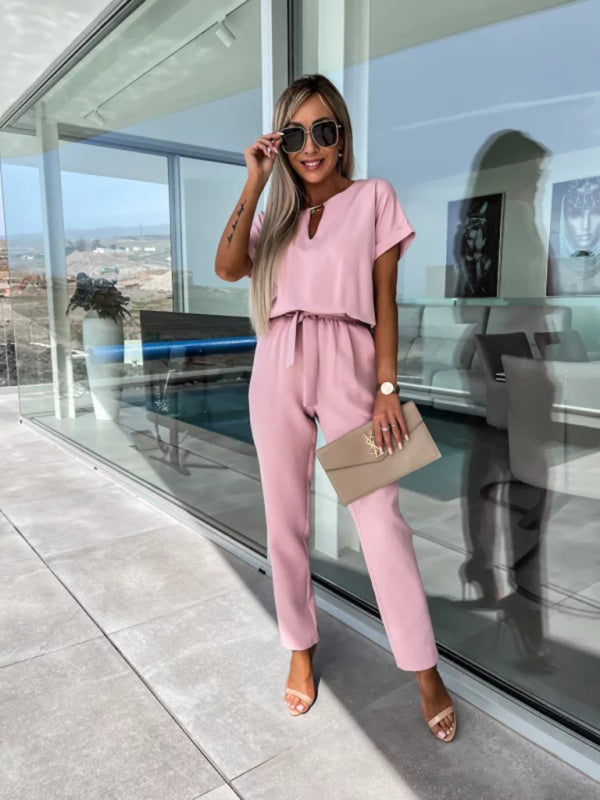 Short Sleeve Cropped Jumpsuit with Waist Tie and Pockets in 4 Colors
