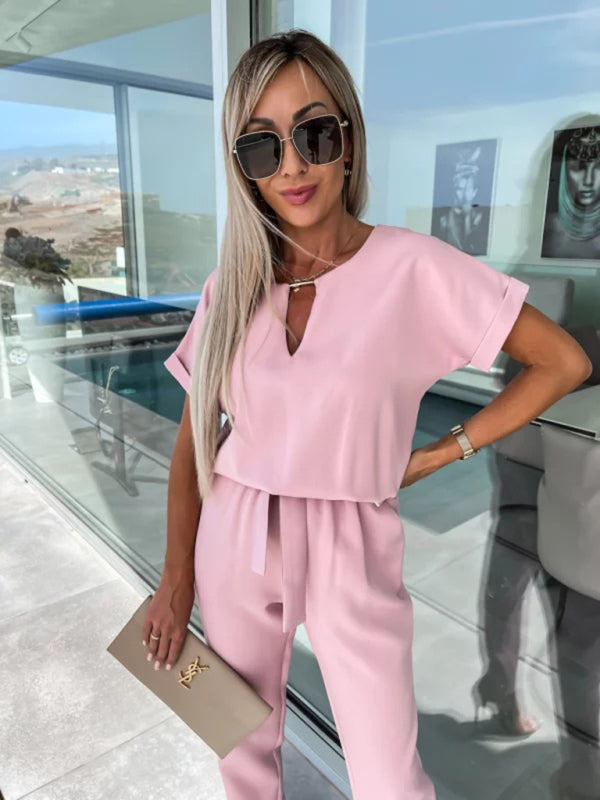 Short Sleeve Cropped Jumpsuit with Waist Tie and Pockets in 4 Colors
