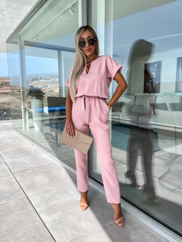 Short Sleeve Cropped Jumpsuit with Waist Tie and Pockets in 4 Colors
