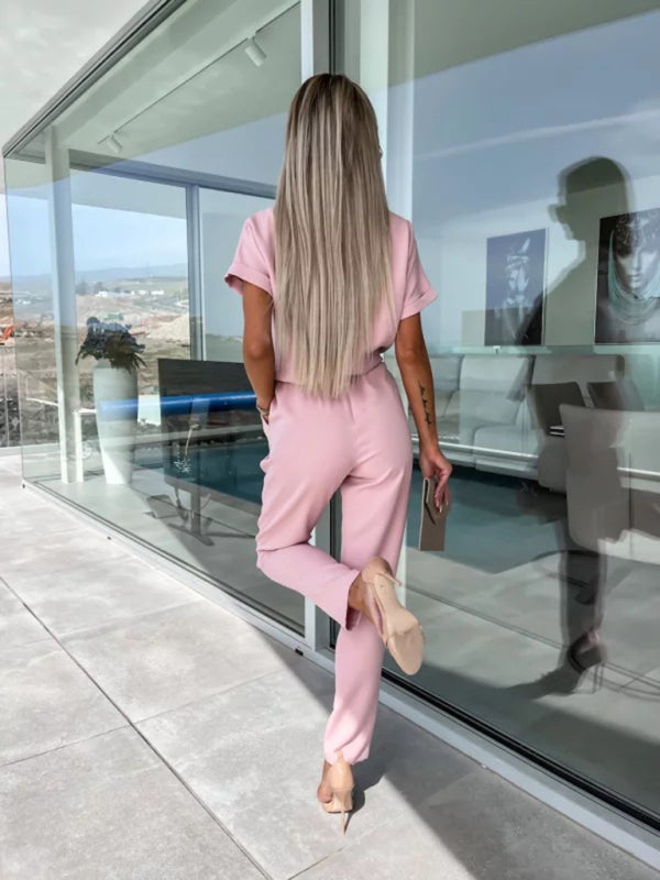 Short Sleeve Cropped Jumpsuit with Waist Tie and Pockets in 4 Colors