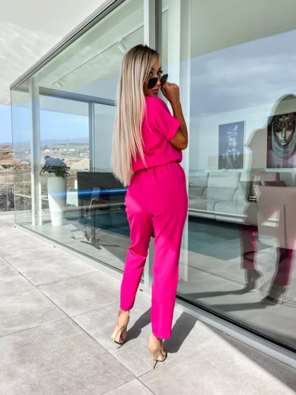 Short Sleeve Cropped Jumpsuit with Waist Tie and Pockets in 4 Colors