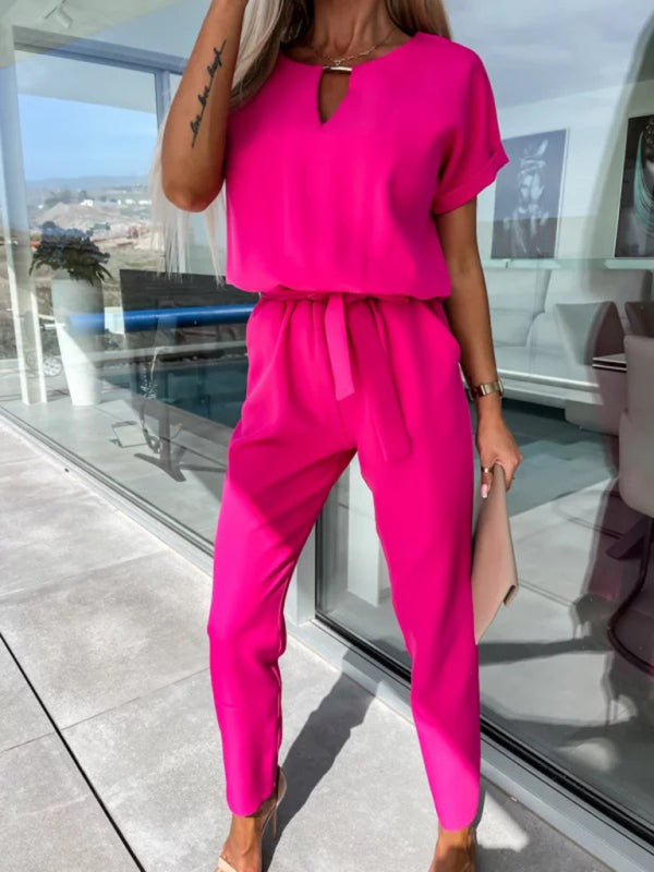 Short Sleeve Cropped Jumpsuit with Waist Tie and Pockets in 4 Colors