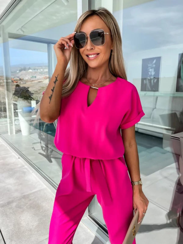 Short Sleeve Cropped Jumpsuit with Waist Tie and Pockets in 4 Colors