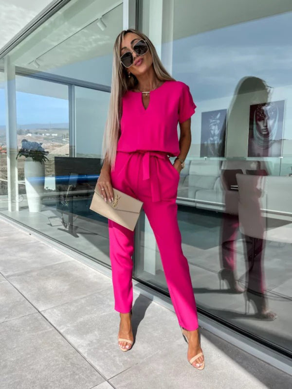Short Sleeve Cropped Jumpsuit with Waist Tie and Pockets in 4 Colors