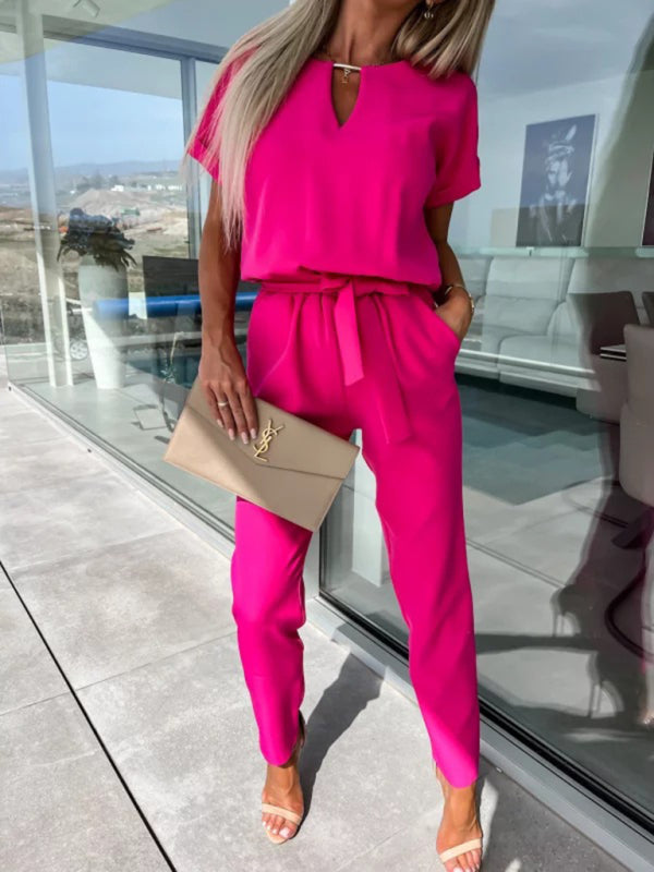 Short Sleeve Cropped Jumpsuit with Waist Tie and Pockets in 4 Colors