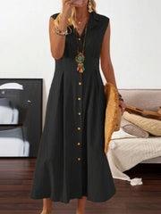 Solid V-Neck Midi Dress with Lapel and Buttons Sizes 4-16
