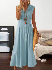 Solid V-Neck Midi Dress with Lapel and Buttons Sizes 4-16