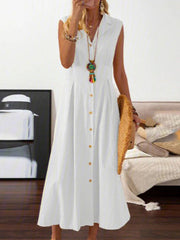 Solid V-Neck Midi Dress with Lapel and Buttons Sizes 4-16