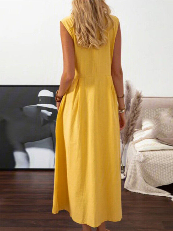 Solid V-Neck Midi Dress with Lapel and Buttons Sizes 4-16