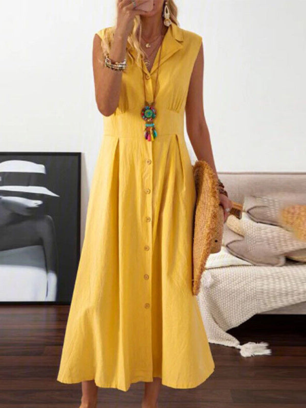 Solid V-Neck Midi Dress with Lapel and Buttons Sizes 4-16