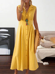 Solid V-Neck Midi Dress with Lapel and Buttons Sizes 4-16