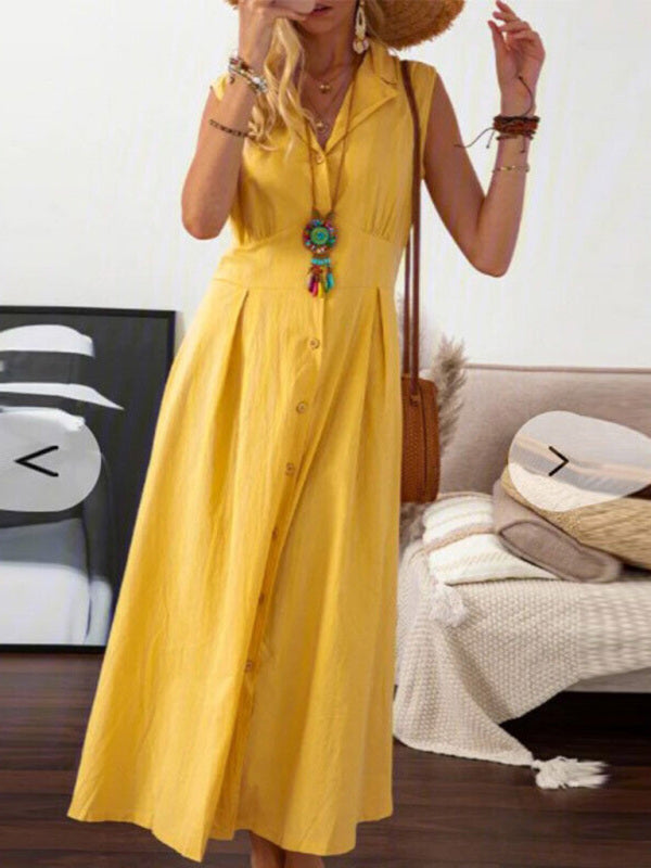Solid V-Neck Midi Dress with Lapel and Buttons Sizes 4-16