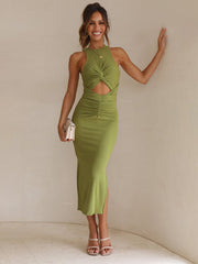 Slim Fit Sleeveless Cutout Pleated Midi Dress in 2 Colors S-XL