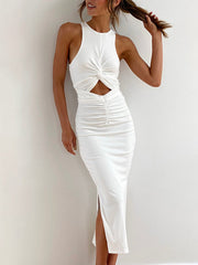 Slim Fit Sleeveless Cutout Pleated Midi Dress in 2 Colors S-XL
