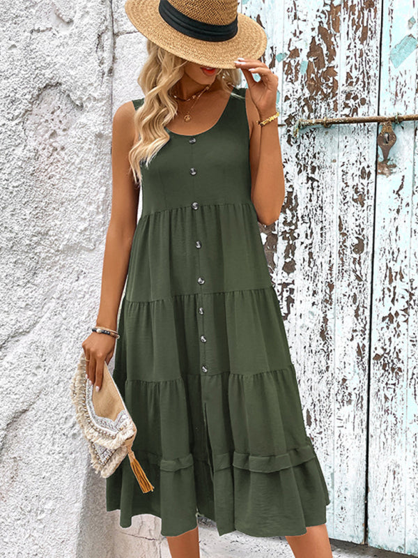 Sleeveless Ruffled Midi Dress with Round Neck and Buttons in 2 Colors Sizes 2-10
