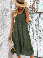 Sleeveless Ruffled Midi Dress with Round Neck and Buttons in 2 Colors Sizes 2-10