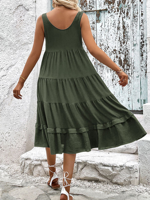 Sleeveless Ruffled Midi Dress with Round Neck and Buttons in 2 Colors Sizes 2-10