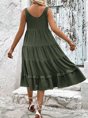 Sleeveless Ruffled Midi Dress with Round Neck and Buttons in 2 Colors Sizes 2-10