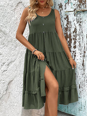 Sleeveless Ruffled Midi Dress with Round Neck and Buttons in 2 Colors Sizes 2-10