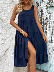 Sleeveless Ruffled Midi Dress with Round Neck and Buttons in 2 Colors Sizes 2-10