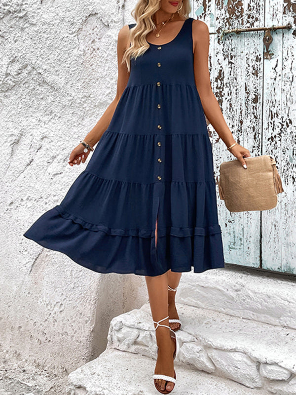 Sleeveless Ruffled Midi Dress with Round Neck and Buttons in 2 Colors Sizes 2-10